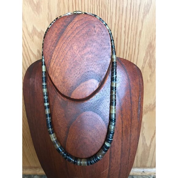 Vtg Heishi Necklace Shell Disc Shades Of Brown Discs With Various Other Gemstone - Picture 2 of 9